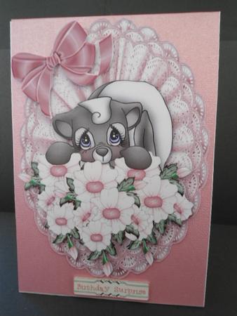 Cute Little Skunk on a Doilie with Flowers by Angela Riley