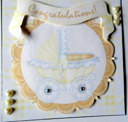 Congratulations Pram 8x8 Decoupage Card - Baby - Yellow by Angela Riley