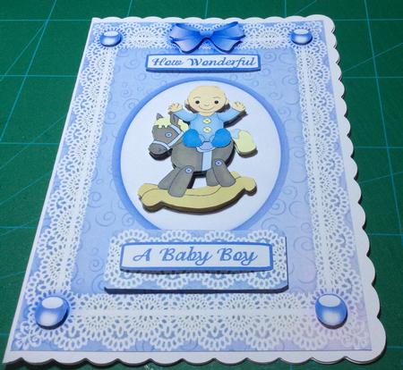 New Baby Boy 'n Lace Step by Step Card Front by Angela Riley