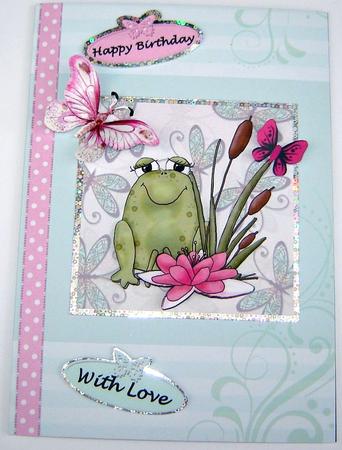 Hoppy Birthday Cute Frog Cardfront with Pink Embellishments by Angela MacWillson