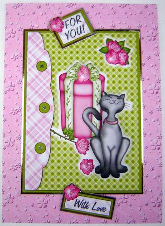 Kitten, Pressie and Roses - Button-flap Card Front by Angela MacWillson