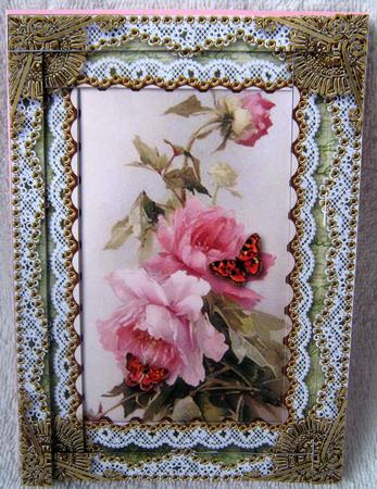 Butterfly Pink Roses Spiral Edge Stacker 7x5in Card Front by Angela MacWillson