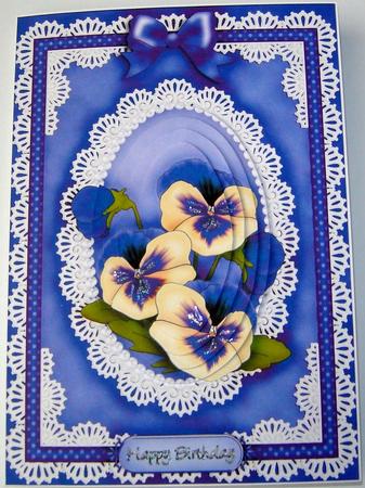 A5 Pansy, Lace and Pearls Quick Card with Pyramage by Angela MacWillson