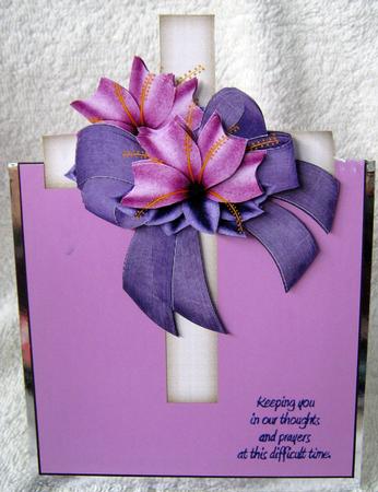 Cross with Purple Ribbon Over the Edge Card with Decoupage by Angela MacWillson