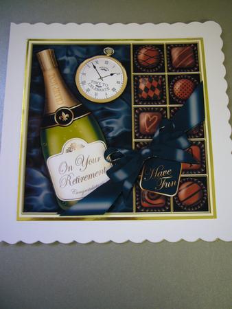 Retirement Champers N Chocs Quick Card 3D Decoupage by Angela Sangster