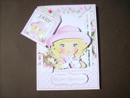 Time for Tea Lady in a Pink Hat Card Front & Decoupage by ANGELA STYLES