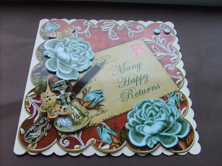 Teal Roses Red Many Happy Returns 8in Decoupage Topper by ANGELA STYLES