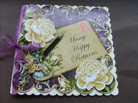 Cream Roses Dpurple Happy Returns 8in Decoupage Topper by ANGELA STYLES