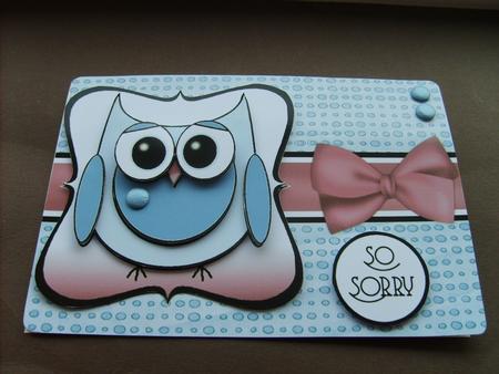 Cute Owl Sorry Decoupage Card Front - Blue & Plum by ANGELA STYLES