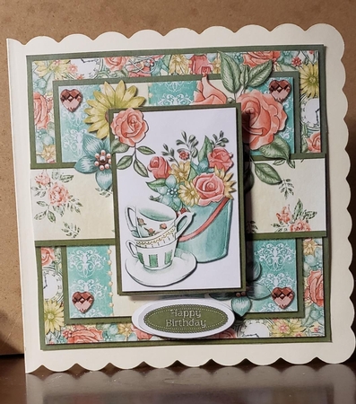 6 x 6 Card with Toppers and Sentiment Toppers Rose/Teacups Floral by Angela Taylor