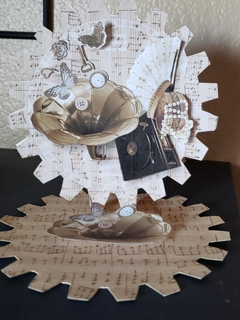 Steampunk Gramophone Cog-Shaped Easel Decoupage Card Mini Kit - Feminine by Angela Taylor