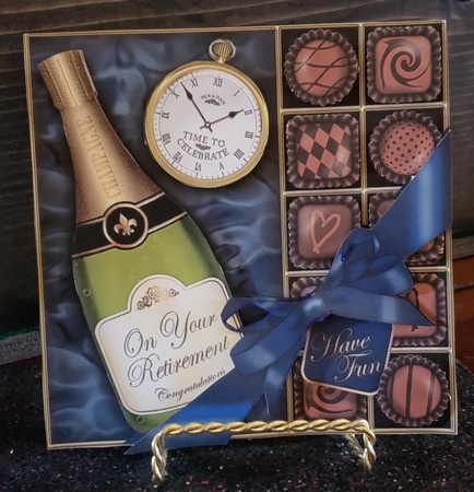Retirement Champers N Chocs Quick Card 3D Decoupage by Angela Taylor