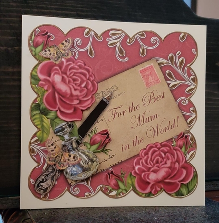 Dpink Roses Red Best Mum in the World 8in Decoupage Topper by Angela Taylor