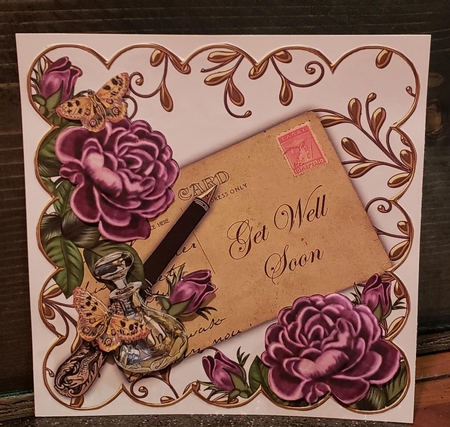 Purple Roses Get Well Soon 8in Scallop Decoupage Topper by Angela Taylor