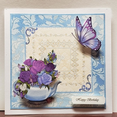 Blue with White Lace and Teapot of Roses by Angela Taylor
