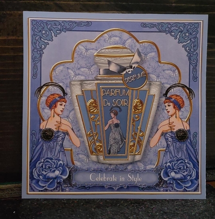 Blue Art Deco Perfume Celebratein Style 7in Decoupage Topper by Angela Taylor