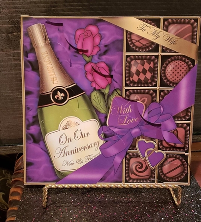 8 x 8 To My Wife On Our Anniversary Champers Chocs & Roses Scalloped Corner Kit by Angela Taylor