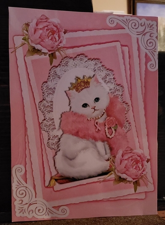 princess kitty with pink roses on lace A4 by Angela Taylor