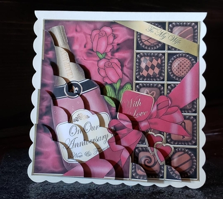 Wife Anniversary Champers Chocs & Roses Scalloped Corner Stacker by Angela Taylor