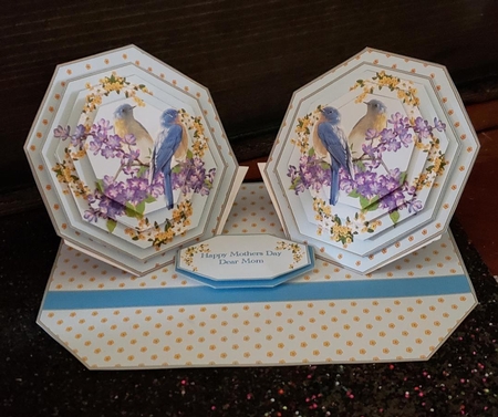 Blue and yellow octagonal double easel card with matching envelope. by Angela Taylor