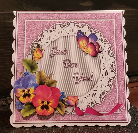 Pansy Flowers & Butterflies 6 x 6 Card Topper With Decoupage To Download And Make Cards With by Angela Taylor