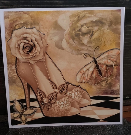 Pretty gold sparkle shoes with roses & butterflies 8x8 by Angela Taylor