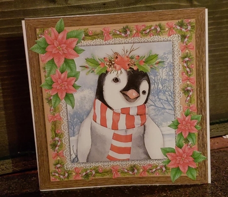 Gorgeous Festive Penguin With Red Flowers 8x8 by Angela Taylor