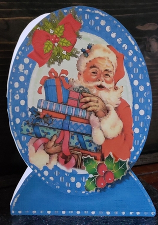 Lovely cut and fold of a vintage santa with red bow blue frame by Angela Taylor