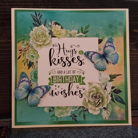 Hugs & Kisses Birthday wishes with butterflies & cream roses 8x8 by Angela Taylor