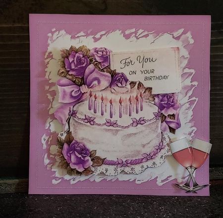 lilac roses with birthday cake and wine 5x5 by Angela Taylor