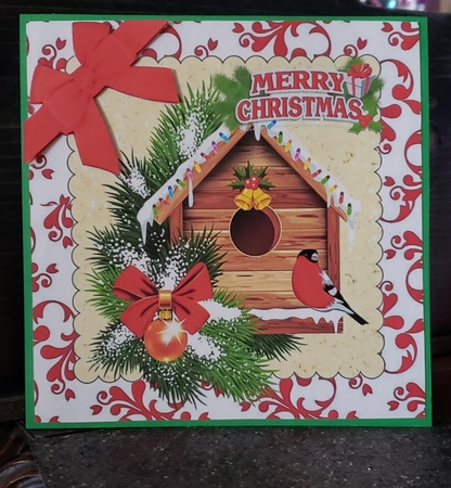 Cardinals in a bird house in the snow with holly 8x8 by Angela Taylor