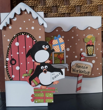 3D Shaped No-Hole Fold Back Christmas Card Mini Kit - Penguins have a Present by Angela Taylor
