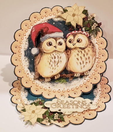 Christmas Owls in the Snow Scalloped Round Easel Card by Angela Taylor