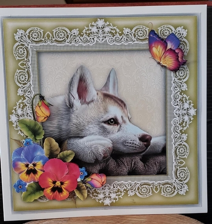 Husky Dog Pansies Butterfly 8 x 8 Card Topper With Decoupage by Angela Taylor