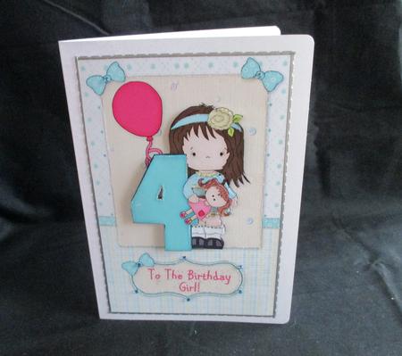 Girls Fourth Birthday Party Card Front and Decoupage by Angela Walker