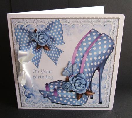 Pretty Blue Polka Dot Shoes with Roses and Bow 8x8 by Angela Walker