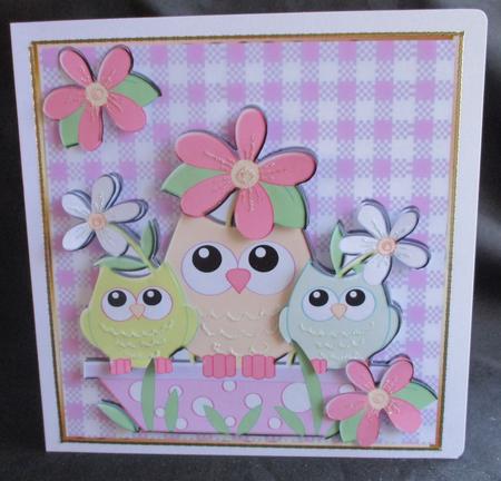 Cute Family of Owls in a Flower Pot, with Flowrs 8x8 Kit by Angela Walker