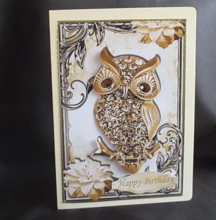 Gold Sparkle Owl with Gold Flowers in Ornate Frame by Angela Walker