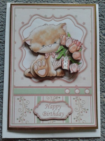 Kitty with Bouquet Card Front & Decoupage by Angela Whitehead