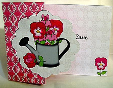 Pink Flowers in Watering Can Scalloped Foldback Card by Angelina Two Bears
