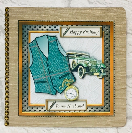 Male birthday card in wooden frame with green check Harris tweed textured waistcoat,pocket watch and vintage car topper for 6x6 card by Anita Henery