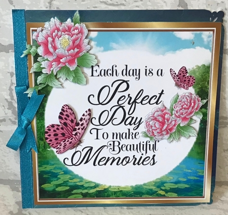 Pretty lily pond card front with water colour pink flowers/butterfly & verse 8x8 by Anita Henery