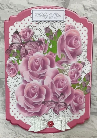Stars and cerise pink roses on lace fold bracket card by Anita Henery
