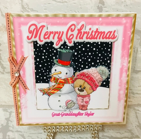  4 Cute teddy bears in knitted hats with snowman card fronts 8x8 mini kit by Anita Henery