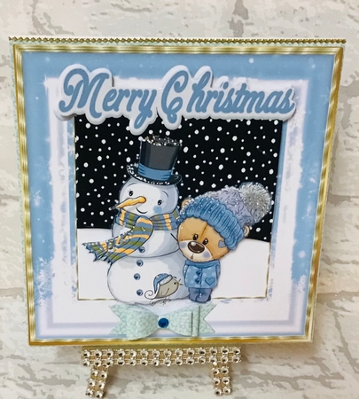  4 Cute teddy bears in knitted hats with snowman card fronts 8x8 mini kit by Anita Henery