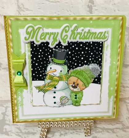  4 Cute teddy bears in knitted hats with snowman card fronts 8x8 mini kit by Anita Henery