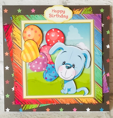 Cute Blue Dog With Multicoloured Balloons 8x8 by Anita Henery