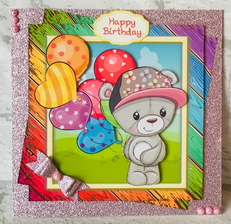 Cute Bear In Baseball Cap With Multicoloured Balloons 8x8 by Anita Henery