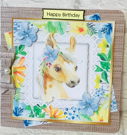 Pretty water colour pony with tropical flowers 8x8 by Anita Henery