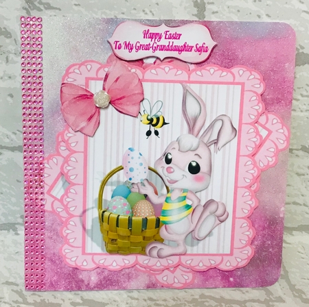 Cute Easter Bunny with basket of eggs with pink bow 7x7  by Anita Henery